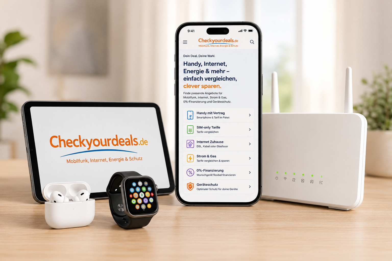 Checkyourdeals.de Produktbild mit Smartphone, Tablet, Router, Kopfhörern und Smartwatch